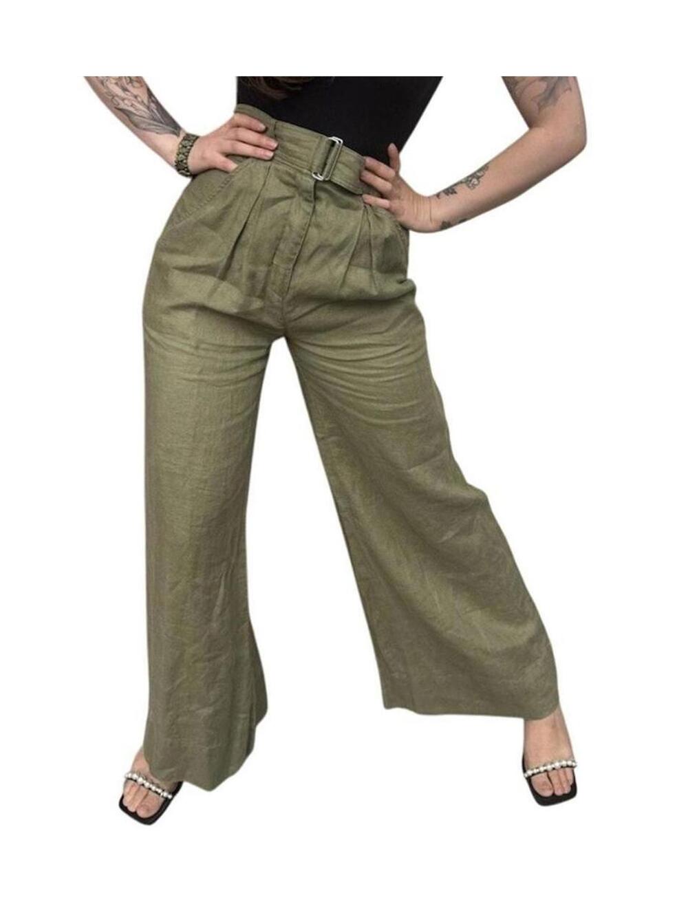 Matthew Bruch Olive Linen Wide Leg Trousers | High-Rise Pleated Belted Pants |
